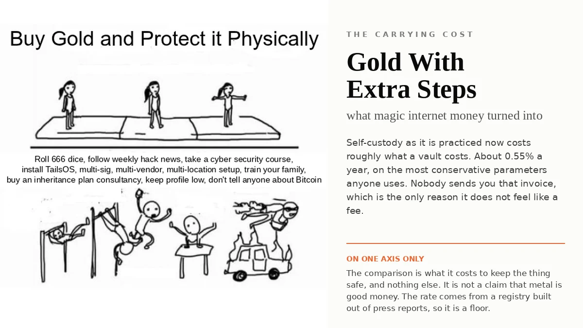 El meme de la gimnasia. En la barra de arriba una gimnasta simplemente camina, con el rótulo Buy Gold and Protect it Physically, compra oro y protégelo físicamente. Debajo, una fila de contorsiones en las barras, el potro y un coche en llamas, rotuladas con el ritual de la autocustodia: tira 666 dados, sigue las noticias semanales de hackeos, haz un curso de ciberseguridad, instala TailsOS, multifirma, multiproveedor, configuración en varias ubicaciones, entrena a tu familia, contrata una consultoría de plan sucesorio, mantén el perfil bajo, no le cuentes a nadie de Bitcoin. El panel de al lado dice Gold With Extra Steps y avisa de que la comparación es sobre lo que cuesta mantener la cosa a salvo y nada más, que no afirma que el metal sea buen dinero, y que la tasa sale de un registro construido con notas de prensa y por eso es un suelo.