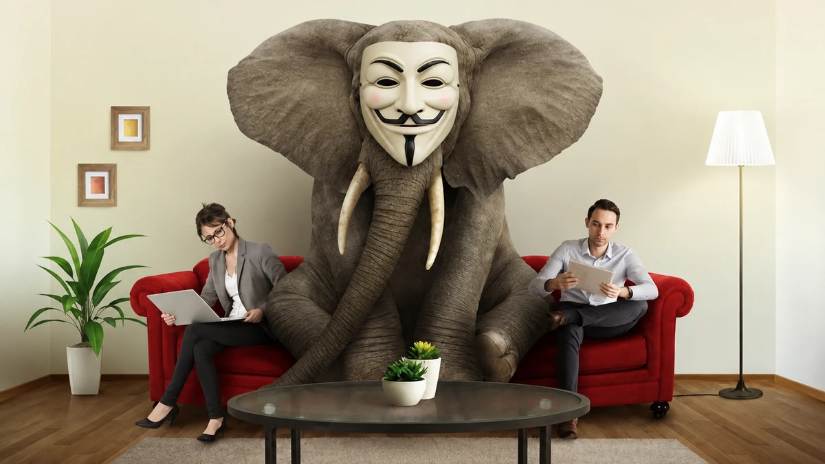 Two people on a sofa, one on a laptop and one reading, both working away while a large elephant wearing a Guy Fawkes mask sits in the room behind them, unaddressed.