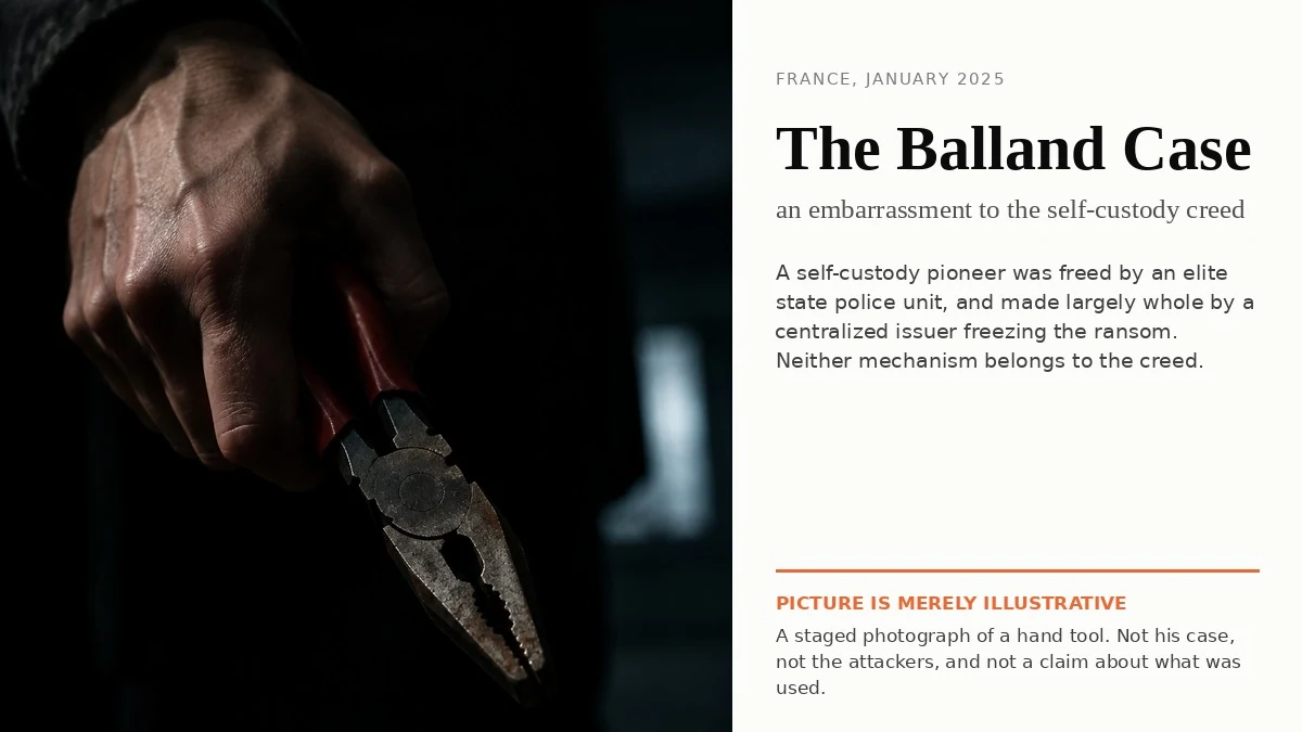 A hand holding a pair of old pliers in near-darkness, one hard light across the knuckles, beside a panel reading The Balland Case, an embarrassment to the self-custody creed. The panel states that the picture is merely illustrative: a staged photograph of a hand tool, not his case, not the attackers, and not a claim about what was used.
