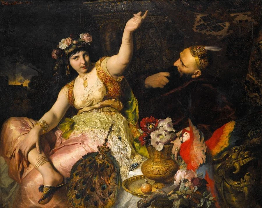Il dipinto di Ferdinand Keller, del 1880. Sheherazade è adagiata in una stanza illuminata a lume, una mano alzata a metà frase, mentre il sultano barbuto si sporge dall'ombra per ascoltare.