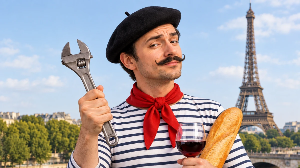 Un homme en béret et marinière brandit une clé à molette, une baguette et un verre de vin rouge sous le bras, la tour Eiffel derrière lui.
